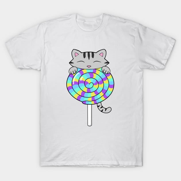 Cute Cat Eating Colorful Lollipop T-Shirt by Purrfect